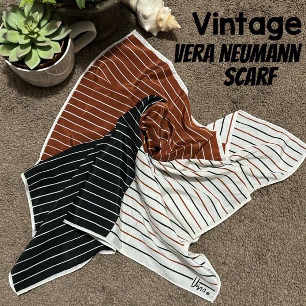 Vintage Vera Neumann Scarf-Black/White/Rust-21x20-EUC-Intact Tags